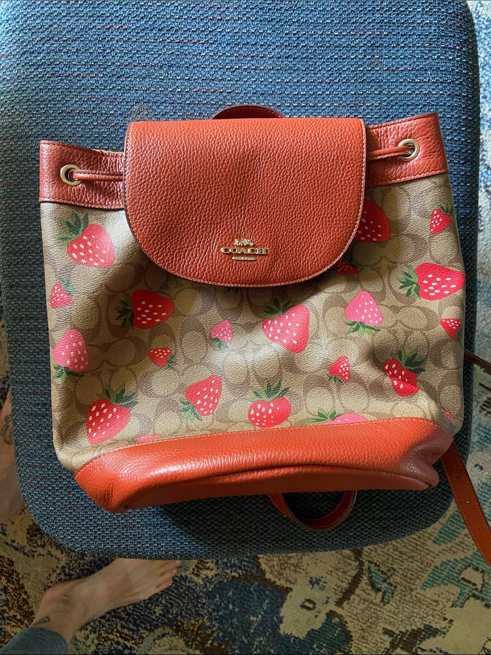 Coach Strawberry Print Logo Drawstring Backpack - Red/Tan